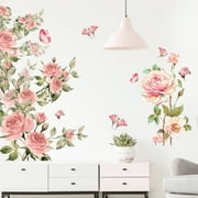 Peony Rose Wall Decals Pink Flower Wall Stickers Floral Butterfly Wall Art Decor for Living Room Bedroom Sofa TV Wall Decor